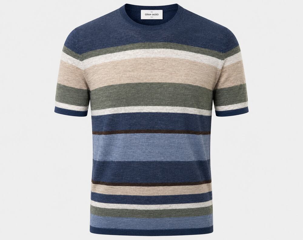 Gran Sasso 1952 Italy Linen T-Shirt Mens Striped Knit Short Sleeve Crew Neck